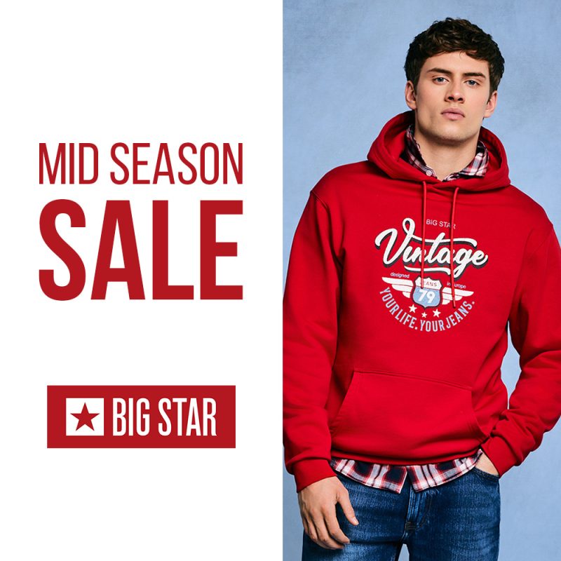 Grafika promocyjna marki BIG STAR informująca o akcji Mid Season Sale na odzież jeansową i lifestylową.