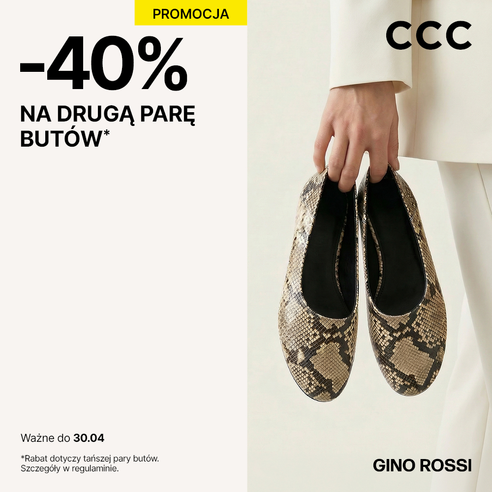 Grafika promocyjna sklepu CCC informująca o rabacie −40% na drugą parę butów marki Gino Rossi; na zdjęciu dłoń trzyma eleganckie baleriny w zwierzęcy wzór, oferta ważna do 30.04.
