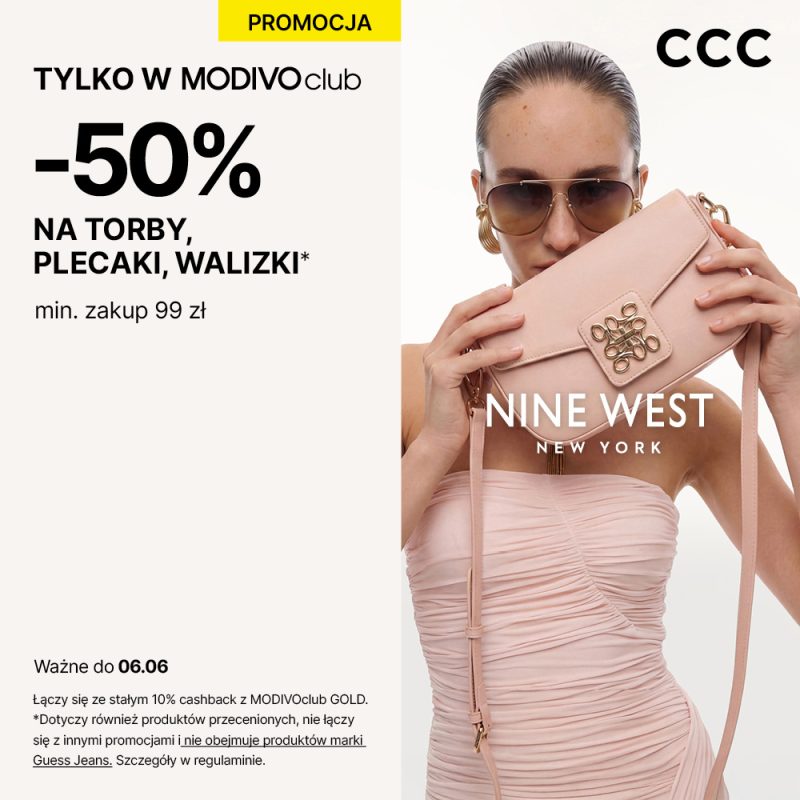 Grafika informująca o promocji w salonie CCC w M1 Czeladź: 50% zniżki na torby, plecaki i walizki przy zakupach za min. 99 zł dla członków MODIVOclub.