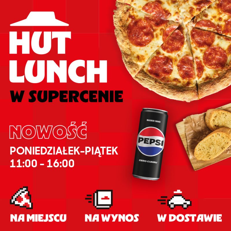 Grafika promocyjna nowej oferty lunchowej dostępnej w dni powszednie. Na zdjęciu widać pizzę i puszkę pepsi.