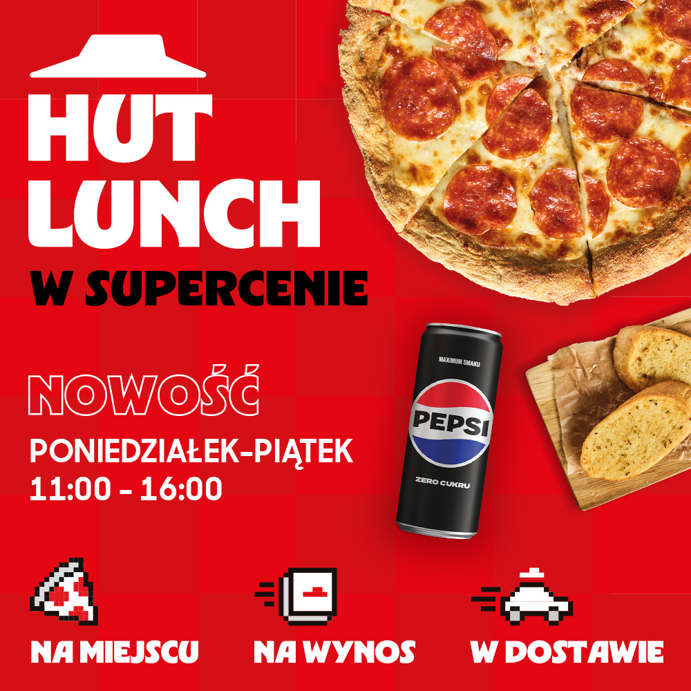 Grafika promocyjna nowej oferty lunchowej dostępnej w dni powszednie. Na zdjęciu widać pizzę i puszkę pepsi.
