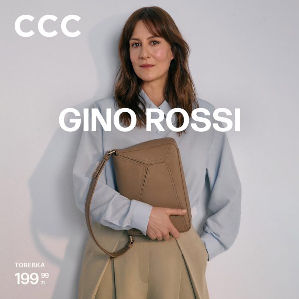 Grafika reklamowa CCC przedstawia Maję Ostaszewską w minimalistycznej stylizacji w jasnych kolorach, trzymającą beżową torebkę marki Gino Rossi. Na grafice widoczne są logo CCC oraz napis „Gino Rossi”, a także cena torebki – 199,99 zł. Całość utrzymana jest w eleganckim, nowoczesnym stylu podkreślającym naturalność i subtelną klasę kampanii.