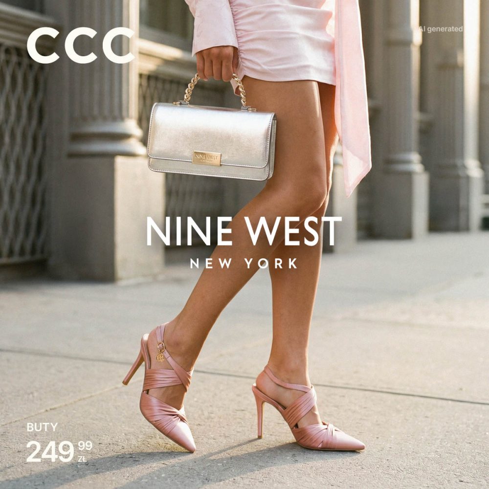 Grafika reklamowa CCC przedstawia kobietę w jasnoróżowej stylizacji z eleganckimi szpilkami i srebrną torebką marki Nine West New York. Na grafice widoczne są logo CCC oraz informacja o cenie butów – 249,99 zł. Całość utrzymana jest w modowej, miejskiej estetyce.