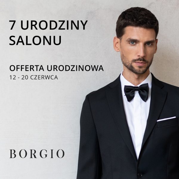 Grafika promocyjna dla BORGIO. Facet z ciemnymi włosami, w czarnym garniturze.