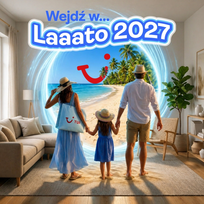 Grafika promocyjna dla biura podrozy TUI. Rodzina teleportująca się na wakacje ze swojego salonu.