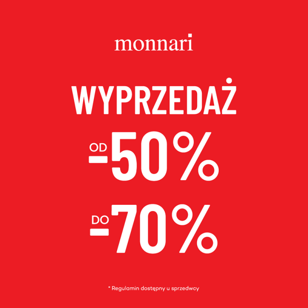 Grafika promująca wyprzedaż w Monnari. -50% i 70% na czerwonym tle z logiem marki.