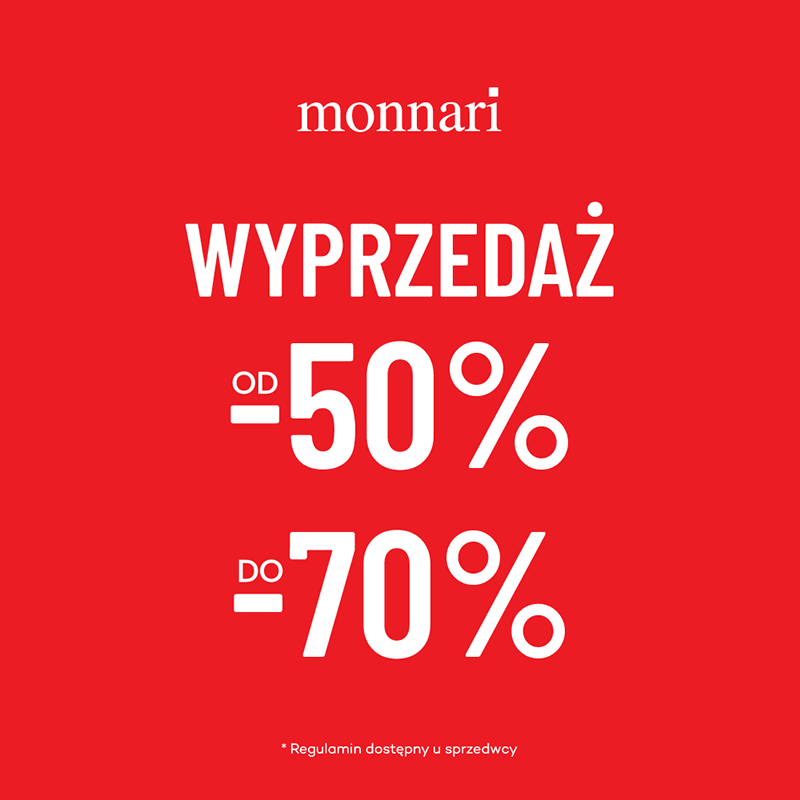 Grafika promująca wyprzedaż w Monnari. -50% i 70% na czerwonym tle z logiem marki.