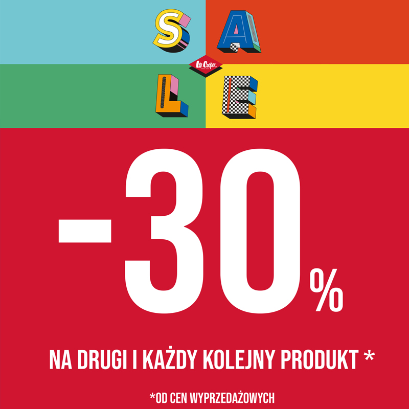 Grafika promocyjna marki lee cooper. -30% na drugi i każdy kolejny produkt. Napisy na 6 kolorowym tle.