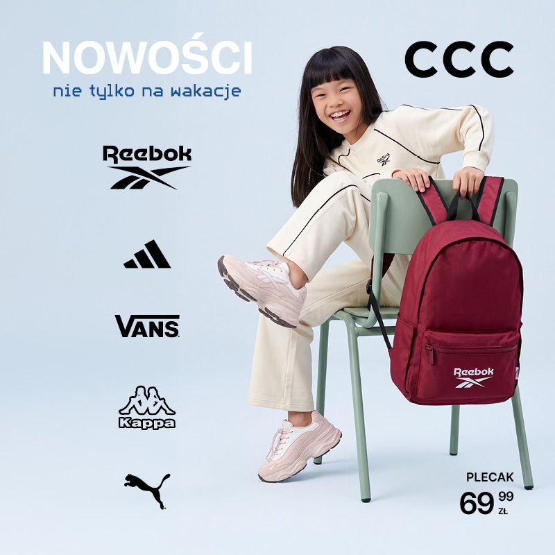 Grafika promocyjna marki ccc na nowe buty i plecaki. Młoda azjatka na jasnoniebieskim layoutcie reklamująca znane marki ze sklepu ccc.