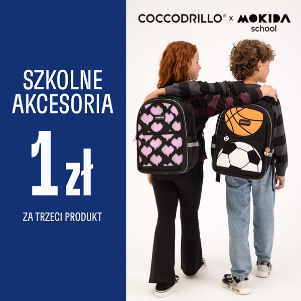 Grafika promocyjna marki coccodrillo. Chłopiec i dziewczynka stojący tyłem eksponujący plecaki szkolne.