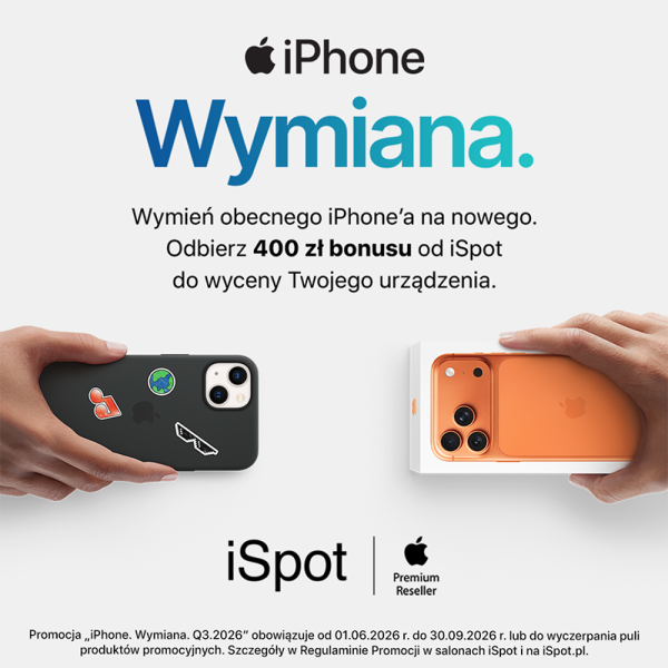 Grafika promocyjna marki iSpot. Ręce wymieniające się starym na nowy model iphone.