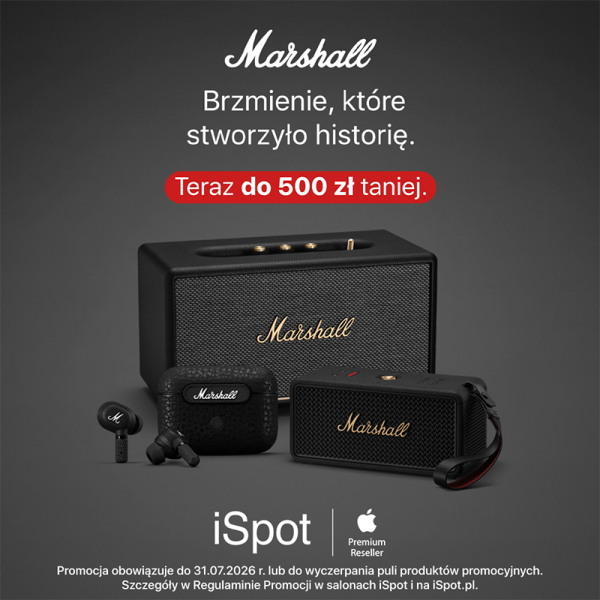 Grafika promocyjna marki iSpot. Słuchawki i głośniki marki Marshall na ciemnym tle.