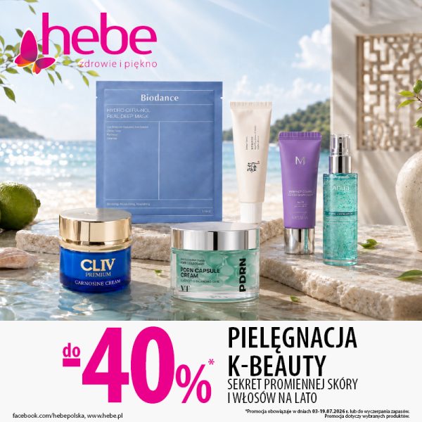 Grafika promocyjna marki Hebe. Koreańskie produkty do pielęgnacji skóry i włosów na tle SPA i morza.