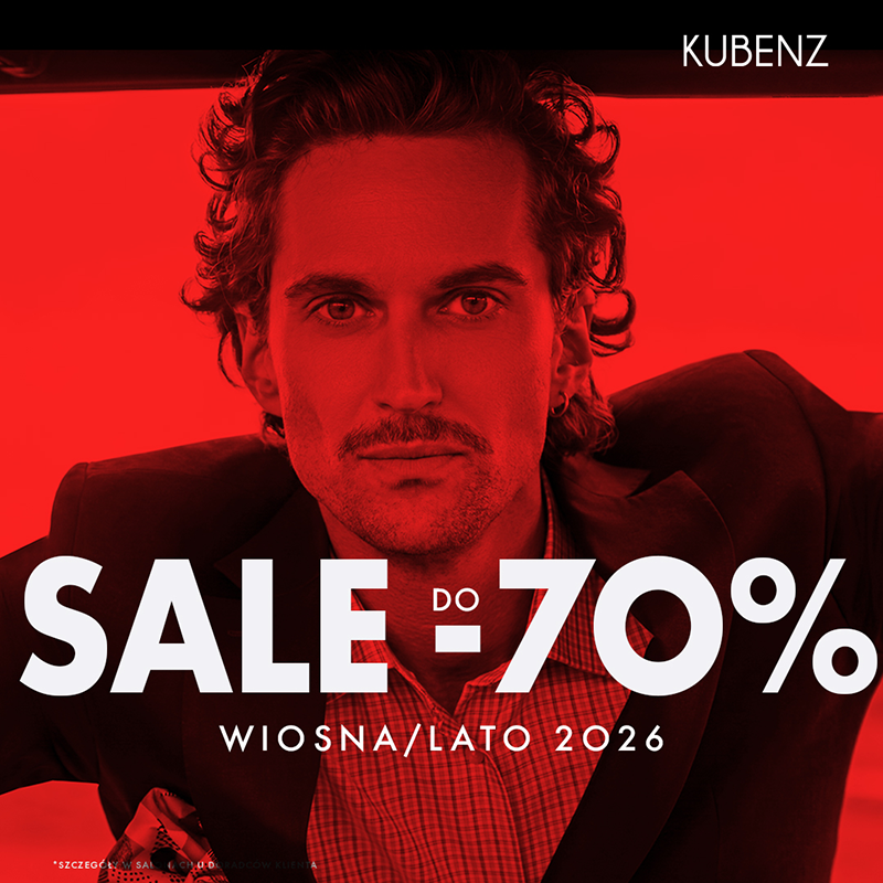 Grafika promująca wyprzedaż marki Kubenz. Mężczyzna elegancko ubrany i napis Sale do -70% na grafice zabarwionej na kolor czerwony.