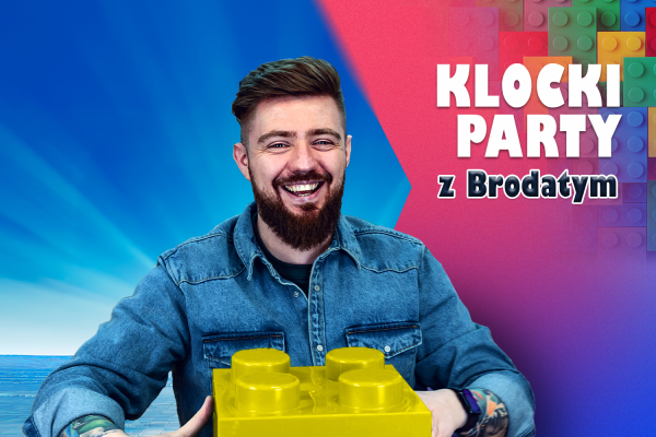 Grafika promująca event klocków lego w M1 Czeladź. Youtuber brodaty geek trzymający dużego żółtego klocka LEGO.