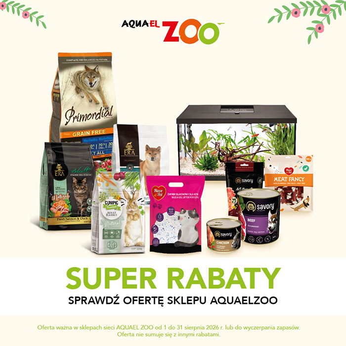 Grafika promocyjna marki Aquael Zoo. Produkty dla zwierząt np. kocie żwirki, karma, akwarium.