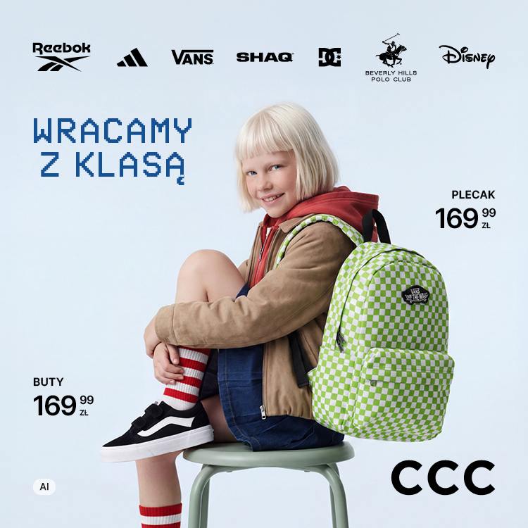 Grafika promocyjna marki ccc na back tu school. Dziewczynka o krótkich blond włosach siedząca na krześle. Ubiór dziewczynki to zielony plecak w kratkę, buty vans czarno-białe, brązowa kurtka, biało-czerwone skarpetki.