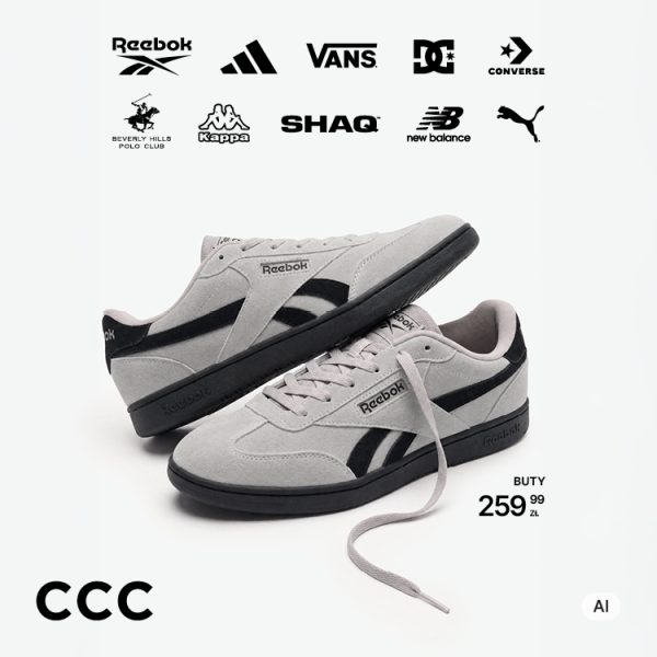 Grafika promocyjna marki ccc. Loga znanych mrek takich jak puma adidas i vans_buty reebok na białym tle.