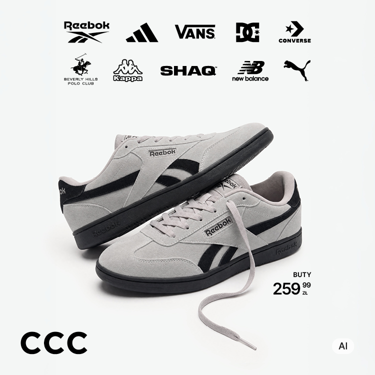 Grafika promocyjna marki ccc. Loga znanych mrek takich jak puma adidas i vans_buty reebok na białym tle.