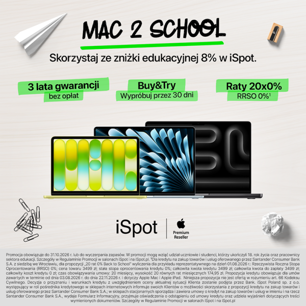 Grafika promocyjna marki iSpot. Laptopy Mac Book i IPADY marki Apple. Napisy 8% zniżki edukacyjne MAC 2 SCHOOL.