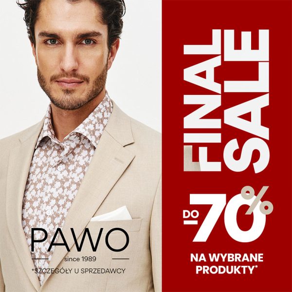 Grafika promocyjna marki pawo. Final sale koniec wyprzedaży letniej. Mezczyzna ubrany w beżową marynarkę.