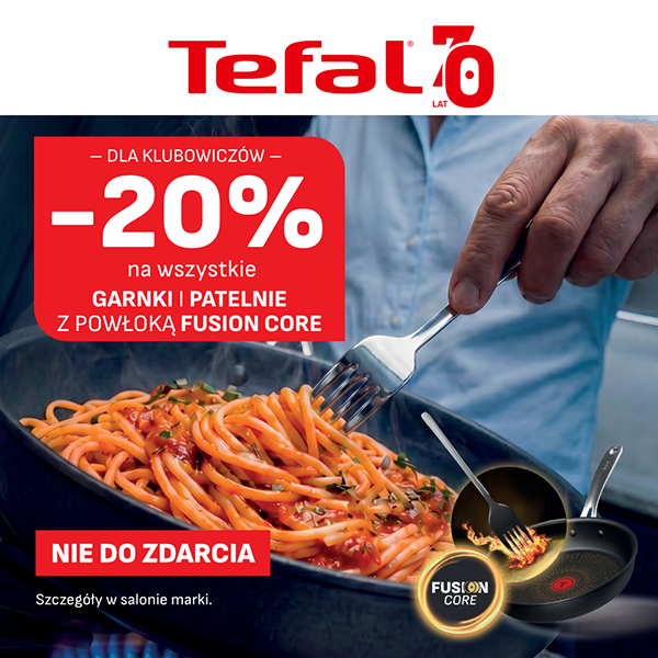 Grafika promocyjna marki tefal. Spaghetti z sosem pomidorowym na patelni.