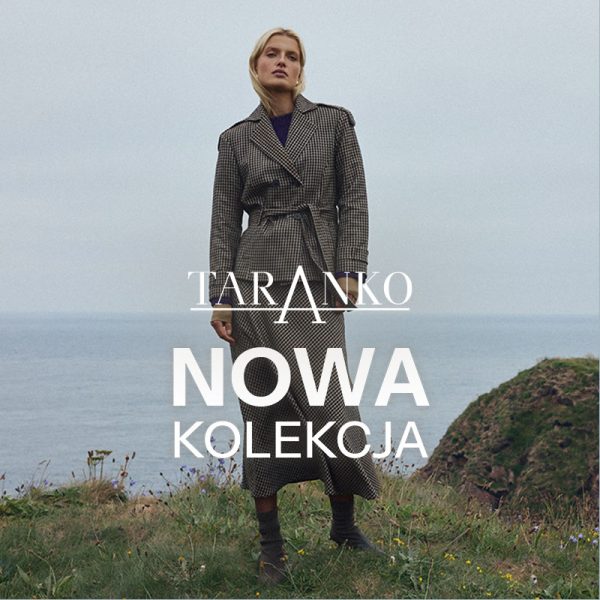 Grafika promocyjna dla nowej kolekcji ubrań w Taranko. b Blondynka w płaszczu w szachownicę na tle morza.
