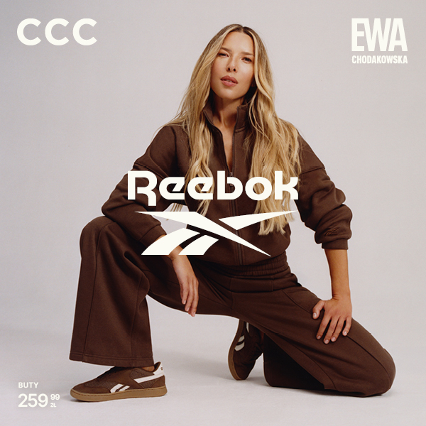 Grafika promocyjna marki CCC. Ewa Chodakowska ubrana z brązowe buty i dres marki Reebok.