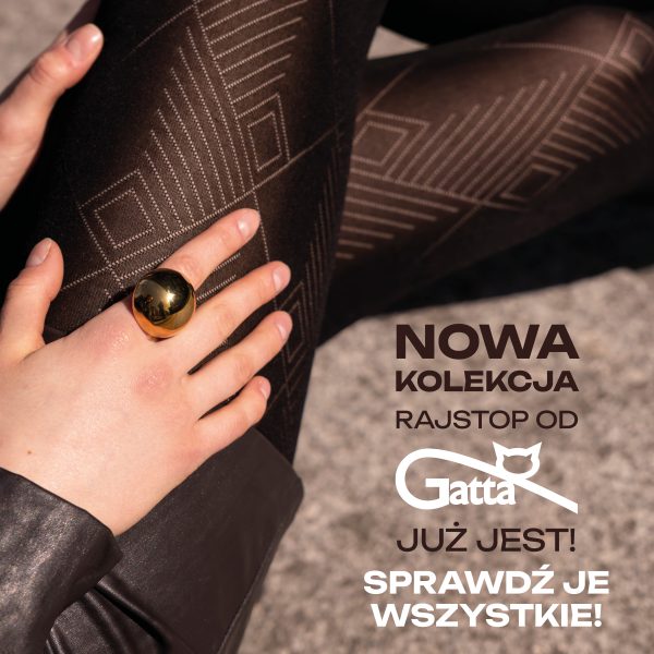 Grafika promocyjna marki Gatta reklamująca nową kolekcję. Kobiece nogi w brązowych rajstopach.
