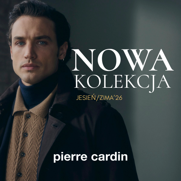 Grafika promocyjna marki VAN HORN pierre cardin. Mężczyzna w ciemnym płaszczu reklamujący nową kolekcję jesień-zima.