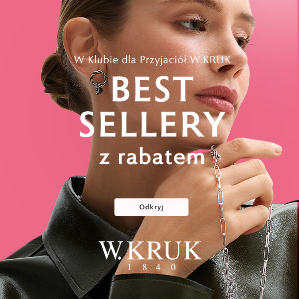 Grafika promocyjna marki W.KRUK. Kobieta w koku trzymająca biżuterię reklamująca bestsellery sklepu W.KRUK.
