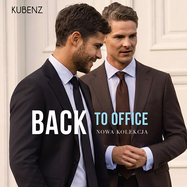 Grafika promująca back to office w KUBENZ. 2 mężczyzn w czarnym i brązowym garniturze.