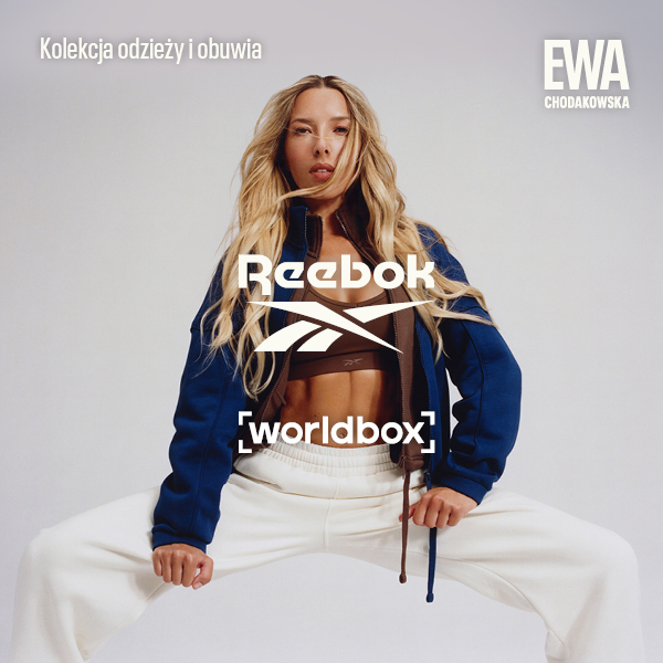 Grafika promująca kolekcję odziezy i obuwia worldbox od Ewy Chodakowskiej. Ewa Chodakowska w kremowych dresach i granatowej bluzie.