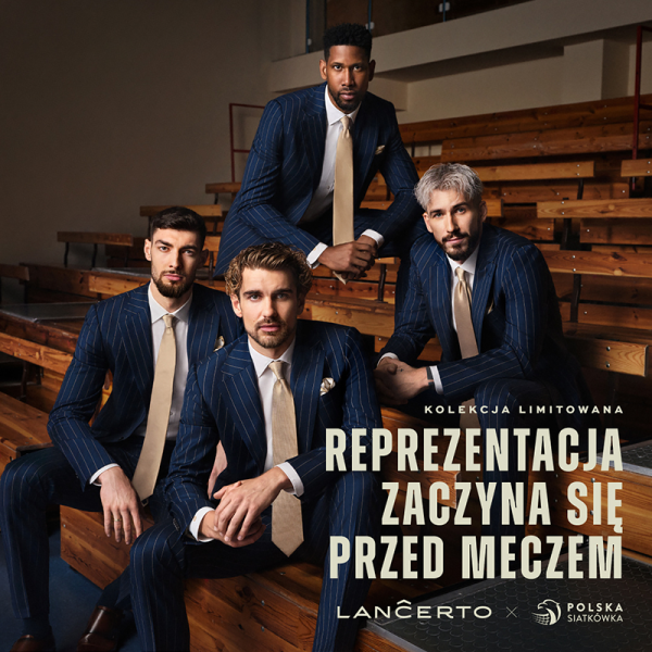 Grafika promująca nową kolekcję w Lancerto. 4 polskich siatkarzy w granatowych garniturach i beżowych krawatach.