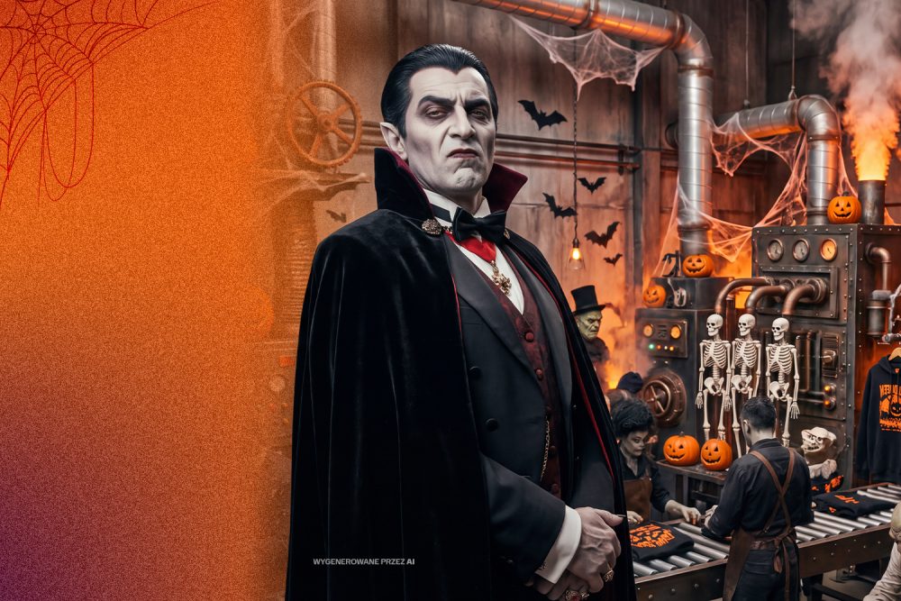Grafika promująca wydarzenie halloweenowa fabryka grozy w M1. Wampir na tle fabryki grozy gdzie produkowane są bluzy i koszulki z nadrukami. Szkielety, nietoperze, pajęczyny i dynie.