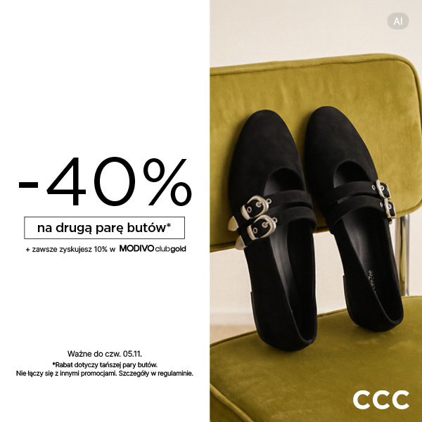 Grafika promocyjna marki CCC. -40% na drugą parę z Modivo. Czarne baletki zapinane na klamry leżące na zielonym krześle.