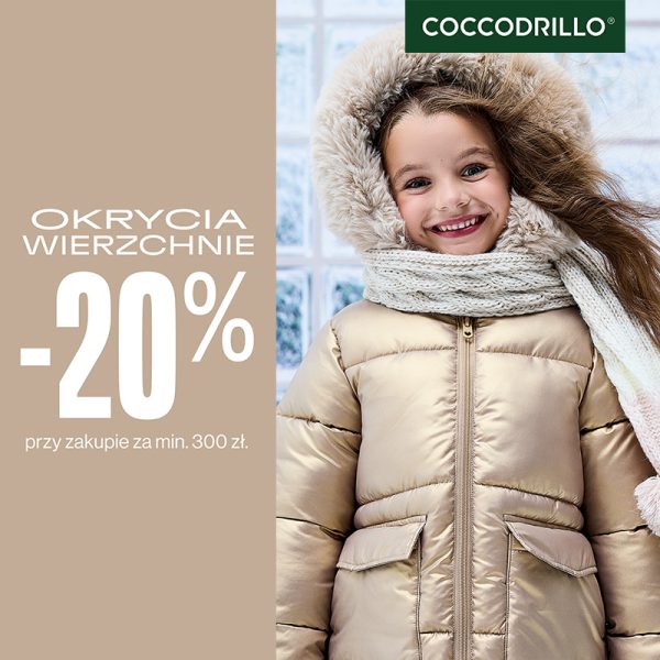 Grafika promocyjna marki Coccodrillo. Dziewczynka ubrana w kurtkę zimową reklamująca rabat -20% na okrycia wierzchnie.