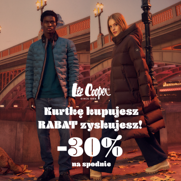 Grafika promocyjna marki Lee Cooper. Czarnoskóry mężczyzna i kobieta o blond włosach ubrani w kurtki puchowe. Jesienna sceneria.