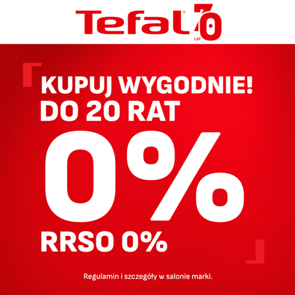 Grafika promocyjna marki Tefal. Napisy kupuj wygodnie do 20 Rat 0% na czerwonym tle.