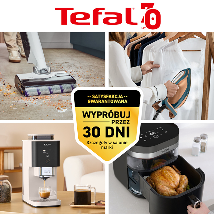 Grafika promocyjna marki Tefal. Satysfakcja gwarantowana z dołączenia do klubu Tefal. Odkurzacz, express do kawy, termomiks, żelazko.