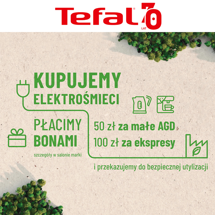 Grafika promocyjna marki Tefal. Tekst kupujemy elektrośmieci na beżowym tle.