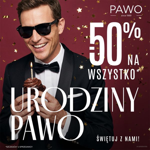 Uśmiechnięty mężczyzna w czarnym garniturze, muszce i okularach przeciwsłonecznych trzyma babeczkę z zapaloną świeczką. Bordowe tło ze złotym konfetti. Logo PAWO oraz napisy „Urodziny PAWO”, „-50% na wszystko” i „Świętuj z nami!”. Szczegóły u sprzedawcy.