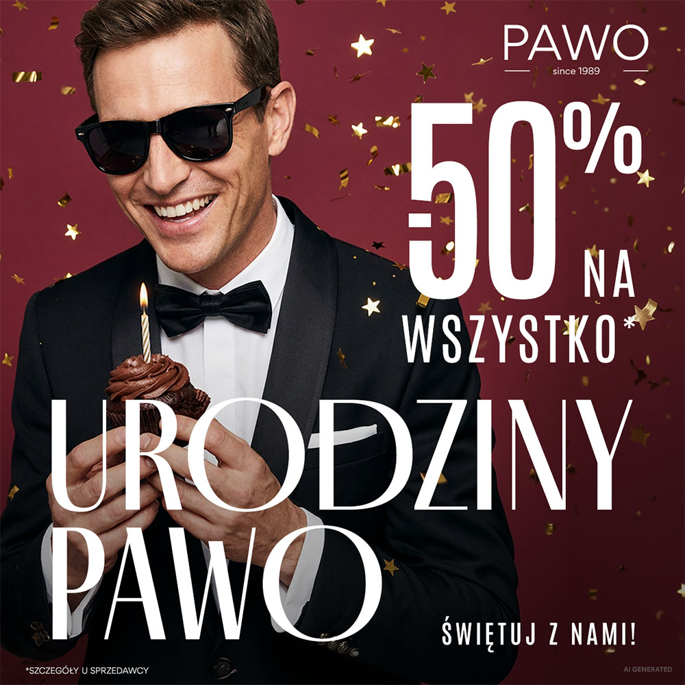 Uśmiechnięty mężczyzna w czarnym garniturze, muszce i okularach przeciwsłonecznych trzyma babeczkę z zapaloną świeczką. Bordowe tło ze złotym konfetti. Logo PAWO oraz napisy „Urodziny PAWO”, „-50% na wszystko” i „Świętuj z nami!”. Szczegóły u sprzedawcy.